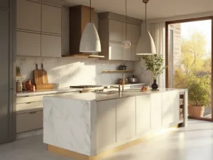 "Modern greige kitchen interior with quartz waterfall island, vintage brass hardware, and natural lighting during golden hour"