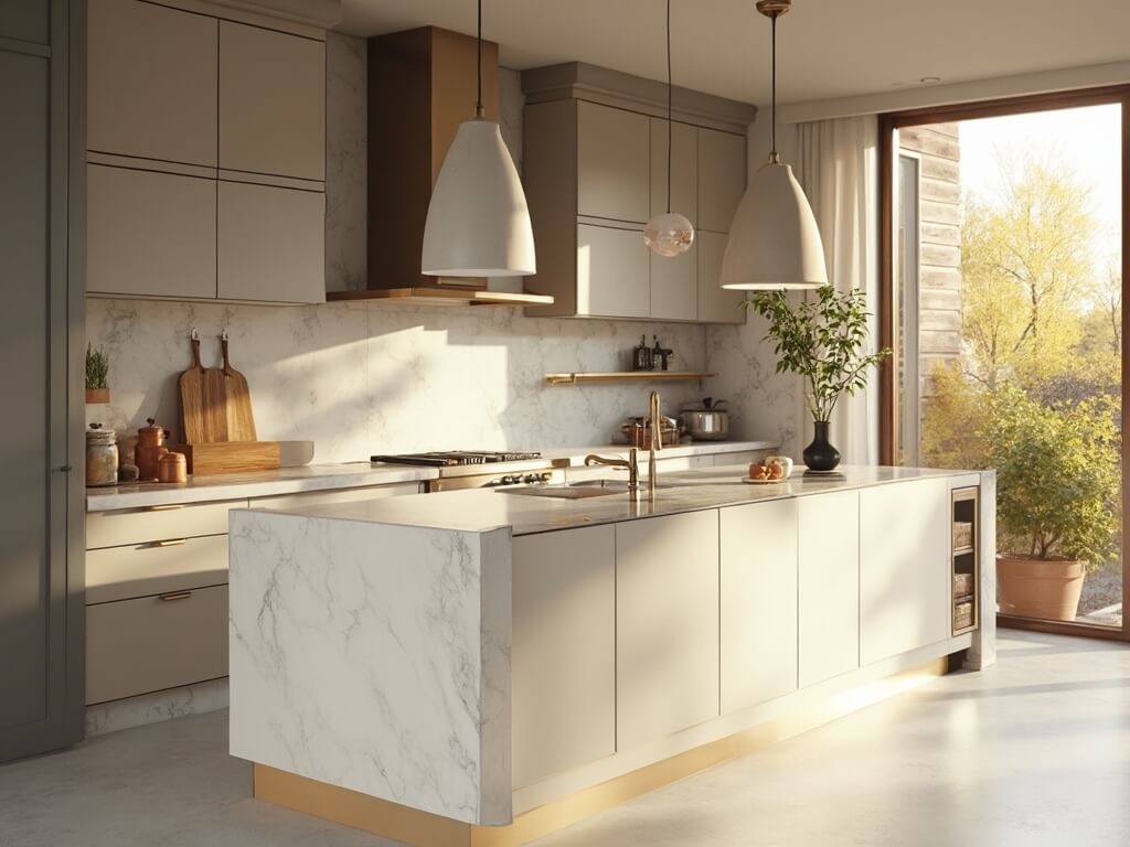 "Modern greige kitchen interior with quartz waterfall island, vintage brass hardware, and natural lighting during golden hour"