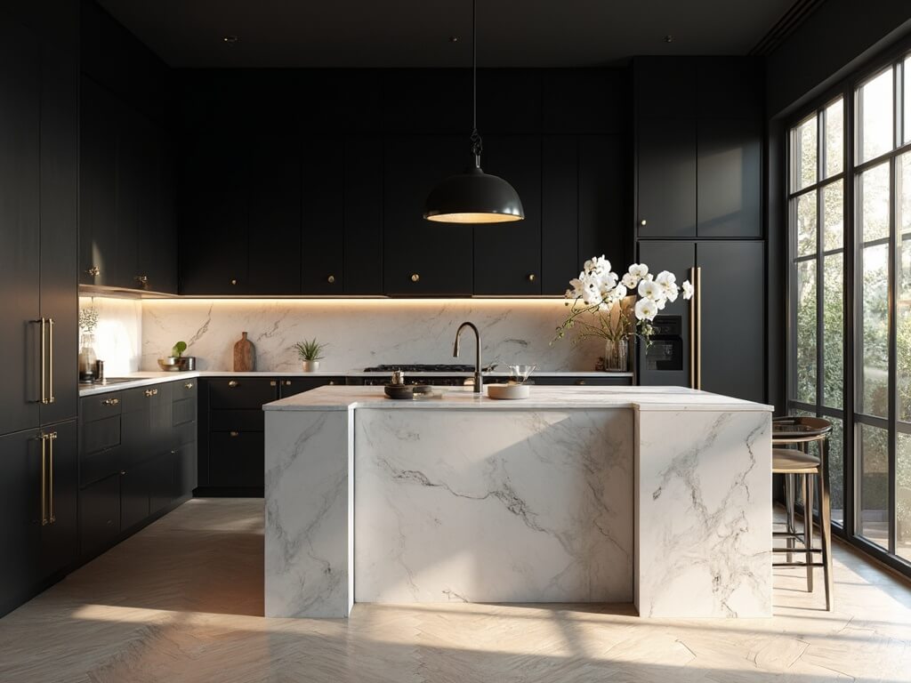 "Modern black kitchen with matte shaker cabinets, white marble waterfall island, and dramatic lighting"