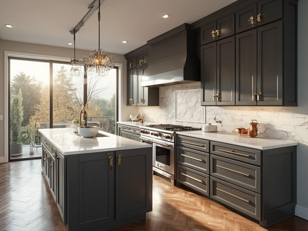 "Modern luxury kitchen with charcoal gray cabinets, white quartz island, Carrara marble backsplash, walnut hardwood floors, and professional Wolf range."