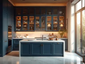 "Modern luxury kitchen with navy blue glass-front cabinets, white quartz countertops, and artfully arranged dinnerware and cookware, shot at golden hour"