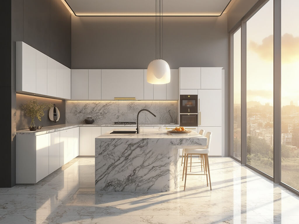 "Ultramodern kitchen with high gloss cabinets, marble island, stainless steel appliances, floor-to-ceiling cabinetry and golden hour sunlight streaming through large windows"