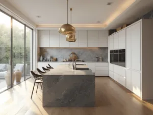 "Modern kitchen with European frameless white cabinets, charcoal gray quartzite island, stainless steel appliances, and brass pendant lights, accentuated by morning sunlight streaming through floor-to-ceiling windows"