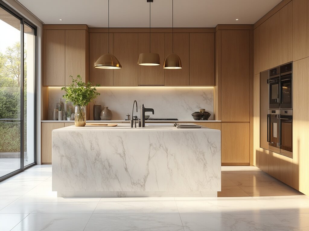 "Modern neutral kitchen with Shaker-style cabinets, quartz island, herringbone marble floors, and minimal steel appliances at golden hour"