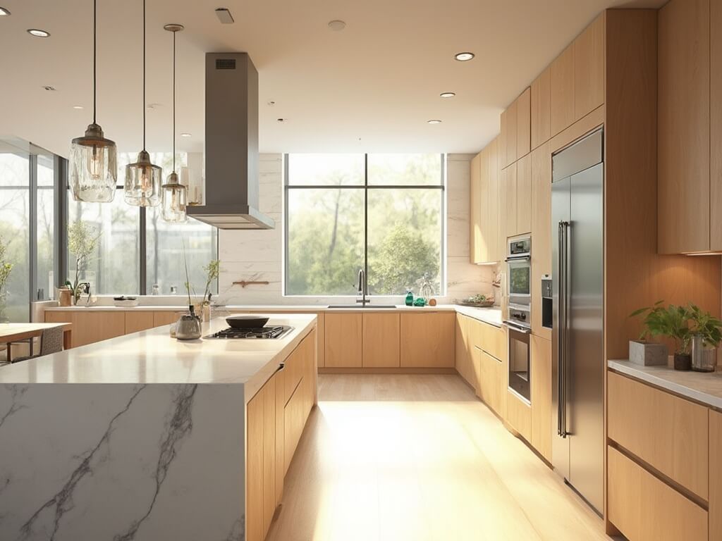 "Modern spacious kitchen with floor-to-ceiling light maple cabinets, white quartz waterfall island, stainless steel appliances, and marble accents, in soft morning light"