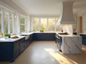 "Luxurious L-shaped kitchen with white and navy cabinets, white marble island, and professional Viking range in early morning sunlight"