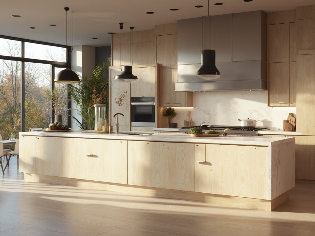 "Spacious modern white oak kitchen with quartzite island, stainless steel appliances, and natural light"