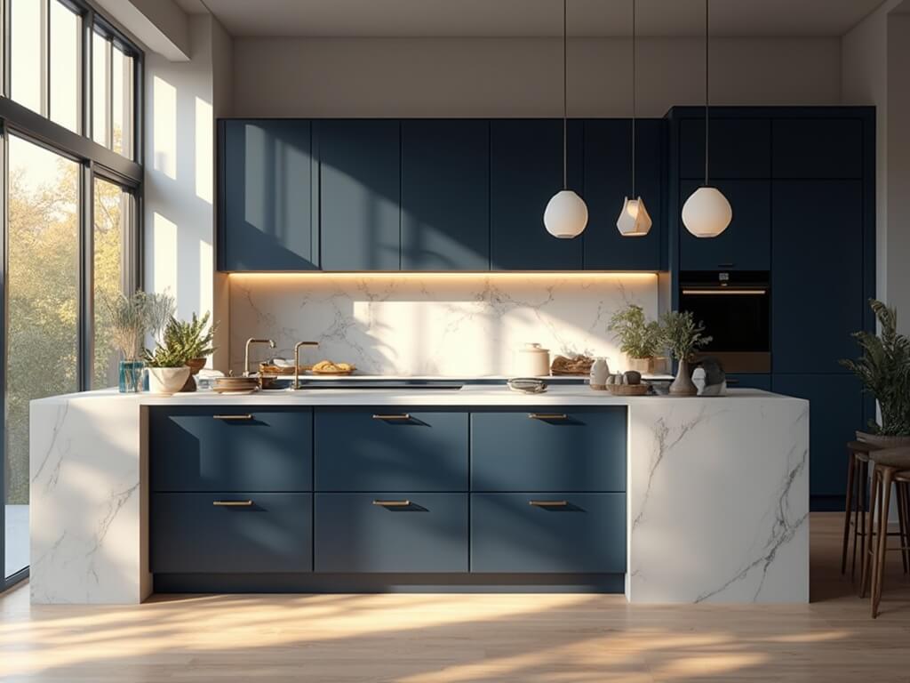 "Contemporary IKEA SEKTION kitchen in matte navy blue with waterfall quartz island and natural lighting from floor-to-ceiling windows"
