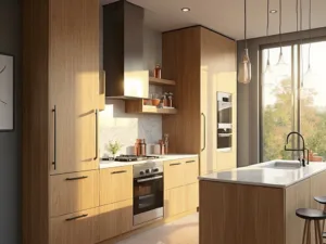 "Modern sunlit kitchen with honey oak cabinets, stainless steel appliances, Calacatta quartz countertops on island, and minimalist decor"