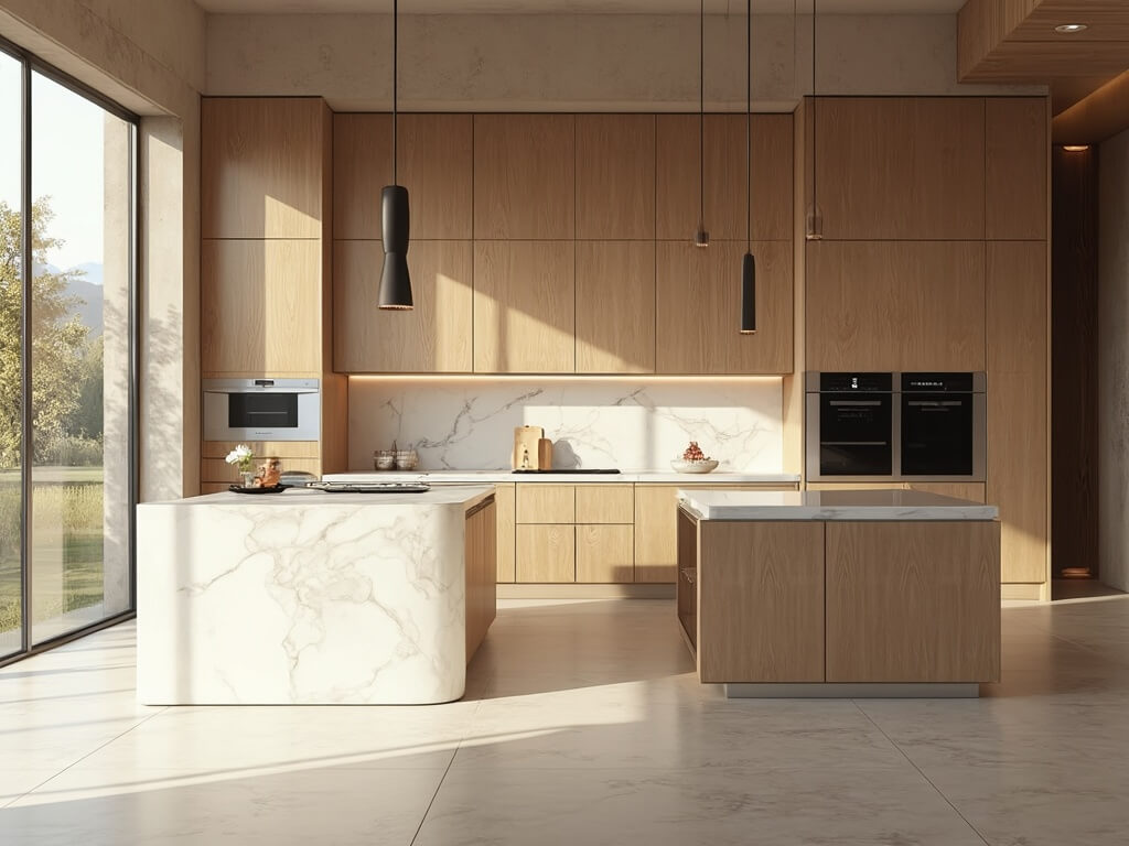 "Modern luxury kitchen with natural oak cabinets, white quartz island, and stainless steel appliances bathed in morning sunlight"