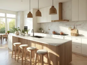 "Modern kitchen interior with off-white shaker cabinets, marble-veined quartz countertops and a kitchen island with walnut base, illuminated by natural morning sunlight, captured in high-resolution architectural photography"