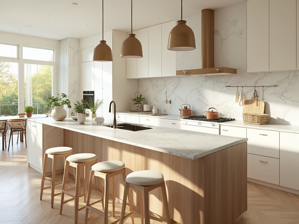 "Modern kitchen interior with off-white shaker cabinets, marble-veined quartz countertops and a kitchen island with walnut base, illuminated by natural morning sunlight, captured in high-resolution architectural photography"