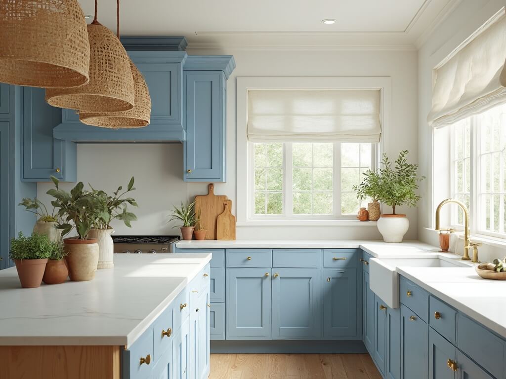 "Sunlit modern kitchen with powder blue Shaker-style cabinets, white quartz countertops, and a large center island under woven rattan lights"