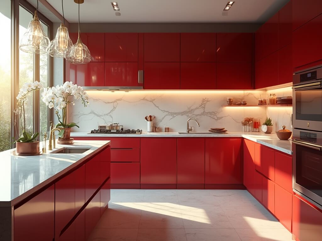 "Modern red kitchen with dramatic lighting, luxury finishes and professional-grade appliances"