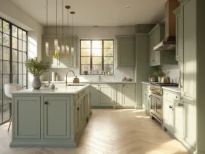 "Luxury sage green kitchen interior with white quartz island, Carrara marble backsplash, and stainless steel appliances bathed in golden hour sunlight"