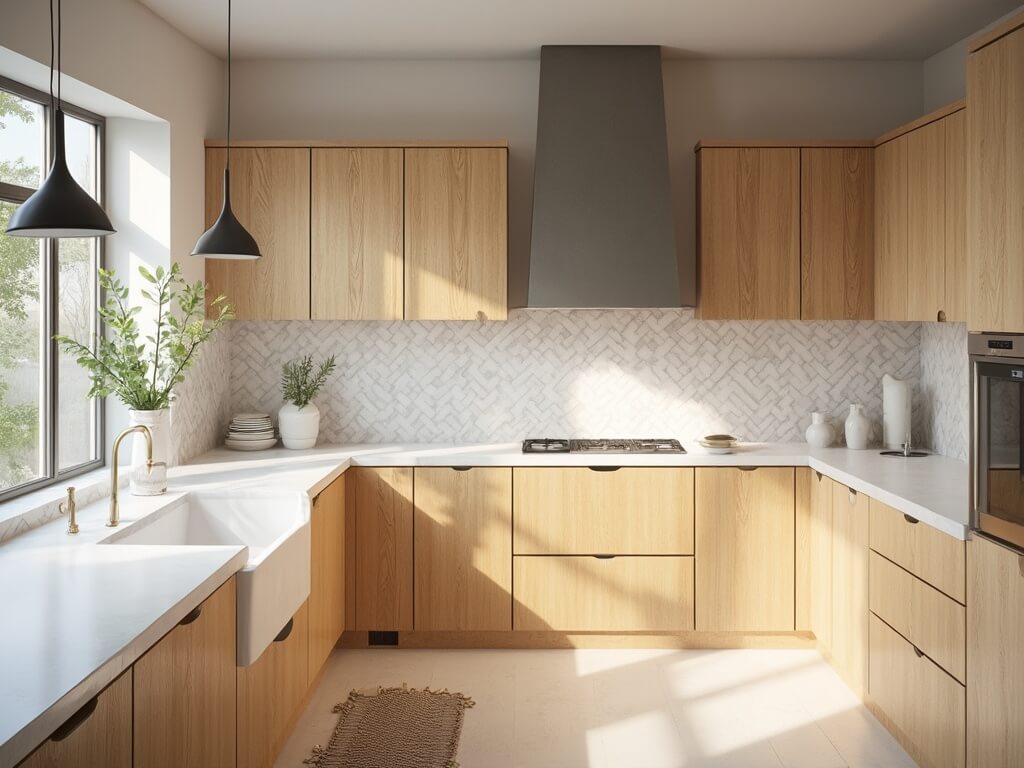 "Scandinavian kitchen with light oak cabinets, white quartz countertops, and natural lighting"