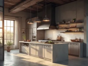 "Modern industrial taupe kitchen interior with violet undertones, polished concrete countertops, black fixtures, stainless steel appliances, fresh herbs and copper cookware, during golden hour."