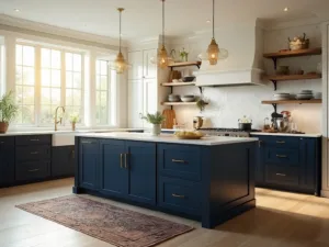 "Luxurious modern farmhouse kitchen with navy blue lower cabinets, white quartz waterfall island, brass hardware accents, marble subway tile backsplash, and vintage Persian runner"