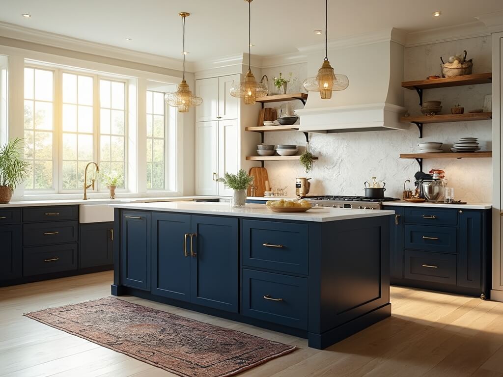 "Luxurious modern farmhouse kitchen with navy blue lower cabinets, white quartz waterfall island, brass hardware accents, marble subway tile backsplash, and vintage Persian runner"