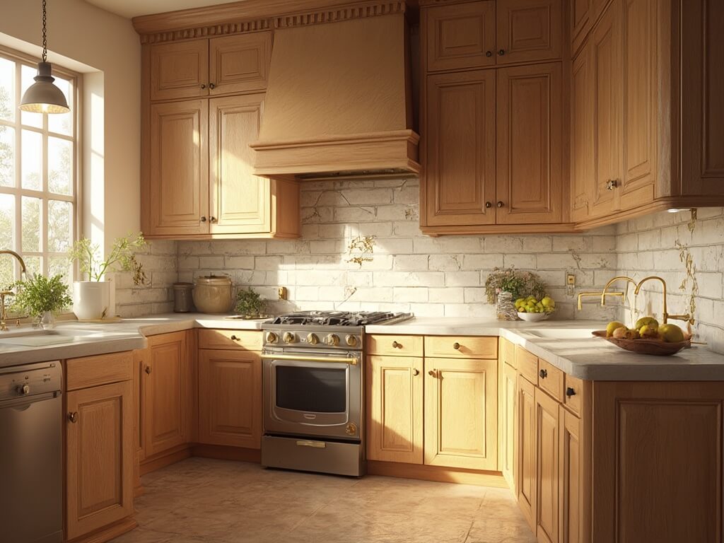 "Sunlit traditional oak kitchen interior featuring marble countertops, antique brass fixtures, and pendant lighting"