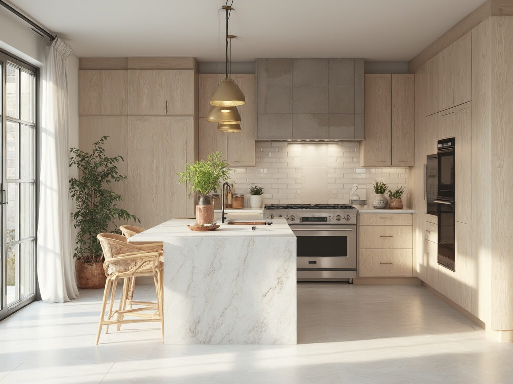 "Modern farmhouse kitchen with Pale Oak cabinets, Quartzite island, and professional appliances, styled with ceramics and fresh herbs"