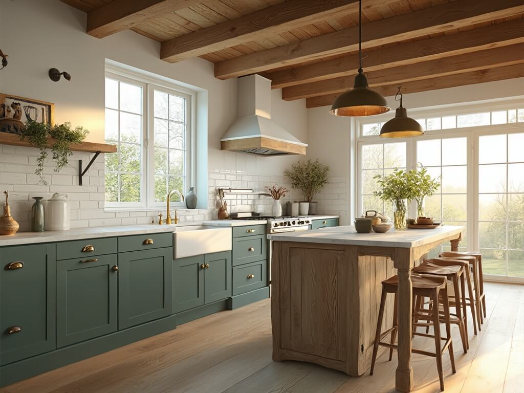 "Modern farmhouse kitchen with pewter green lower cabinets, marble countertops, brass pendant lights, and a weathered oak island during golden hour"