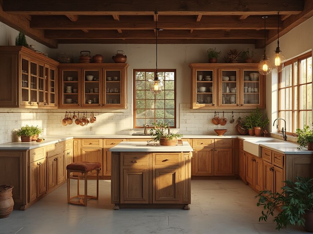 "Rustic farmhouse kitchen with shaker cabinets, marble countertop island, and natural elements"