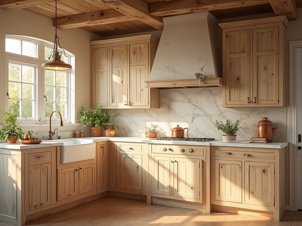 "Sunlit rustic kitchen with hickory Shaker cabinets, Carrara marble countertops, copper pendant lights, and a farmhouse sink"