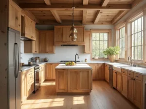 "Spacious modern farmhouse kitchen with hickory Shaker cabinets, large center island with quartz countertops, and natural styling accents in morning sunlight."