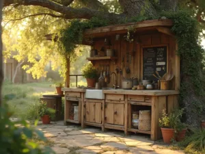 "Charming rustic outdoor mud kitchen under an oak tree with reclaimed wood countertops, stainless steel sink, vintage utensils, stone pavers, and lush plants."