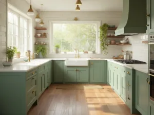 "Sunlit modern kitchen with sage green cabinetry, white quartz countertops, and walnut hardwood floors, highlighted by morning light through large windows"