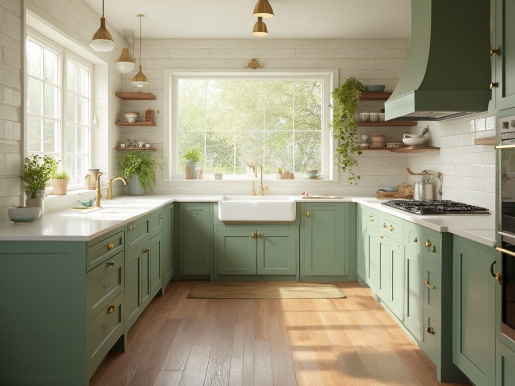 "Sunlit modern kitchen with sage green cabinetry, white quartz countertops, and walnut hardwood floors, highlighted by morning light through large windows"