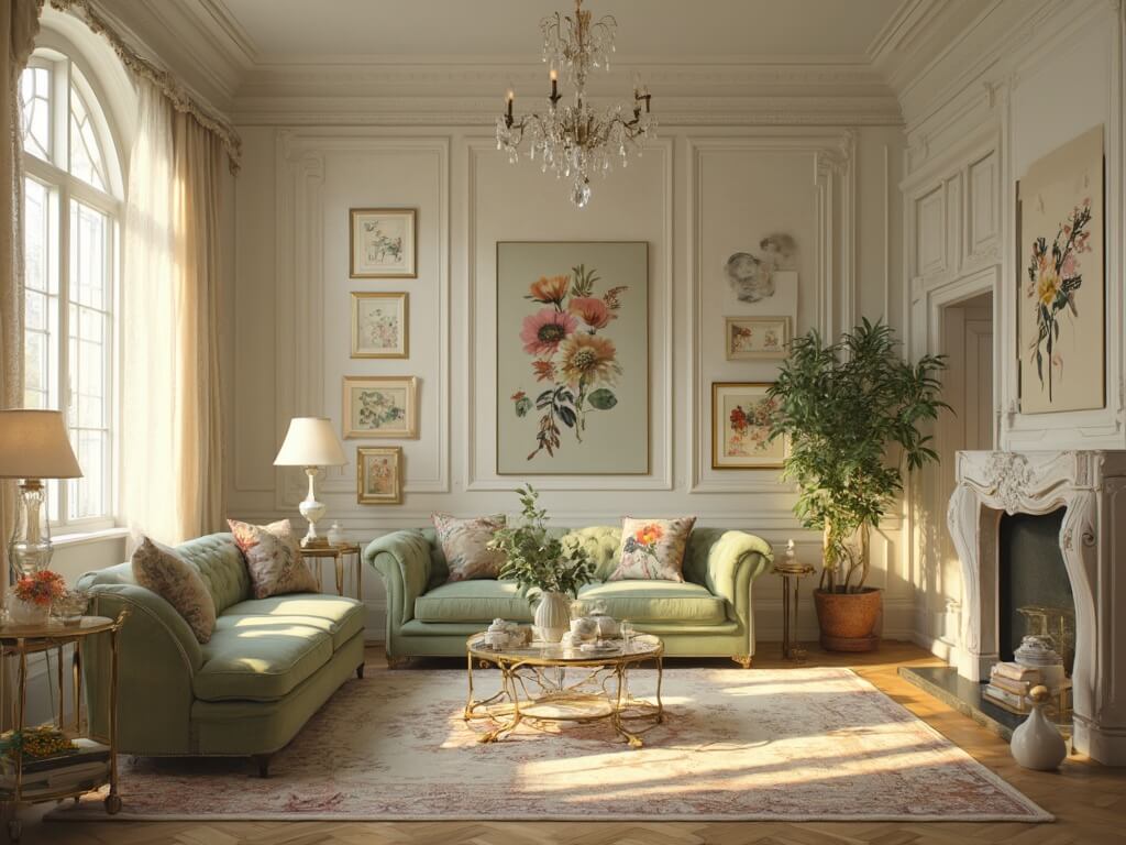"Sunlit vintage-modern living room with antiques and modern furniture, botanical prints, Persian rug, and crystal chandelier"