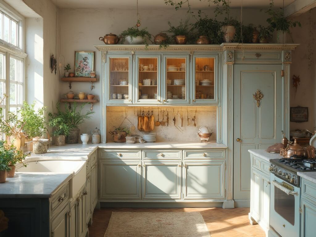 "Antique Swedish Gustavian kitchen cabinet in morning sunlight, with modern white marble countertops and vintage copper cookware on herringbone wooden floors."