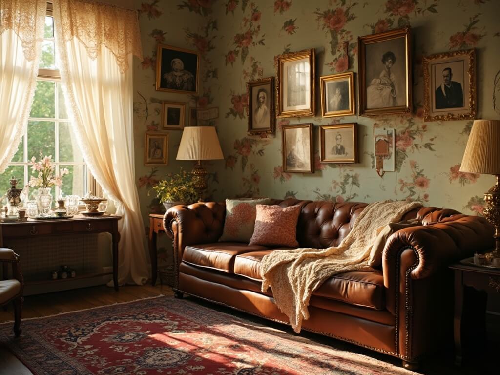 "Vintage living room with golden hour light, leather Chesterfield sofa, floral wallpaper, Persian rug, and family photo gallery wall"