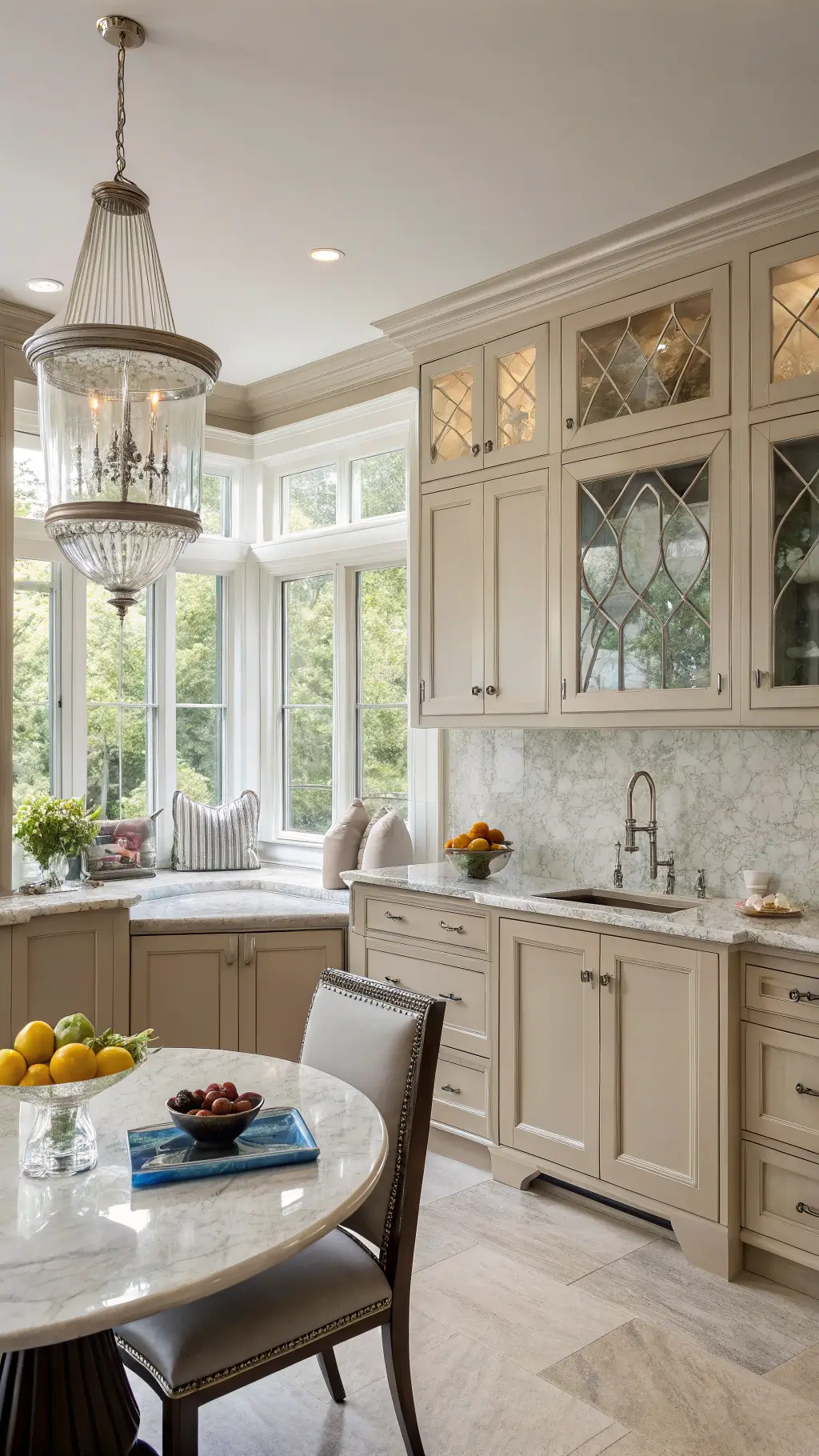 Bright, traditional kitchen with light taupe cabinets, Calacatta marble counters, bay window breakfast nook, polished nickel fixtures, crystal chandelier, and blue and white chinoiserie decor.