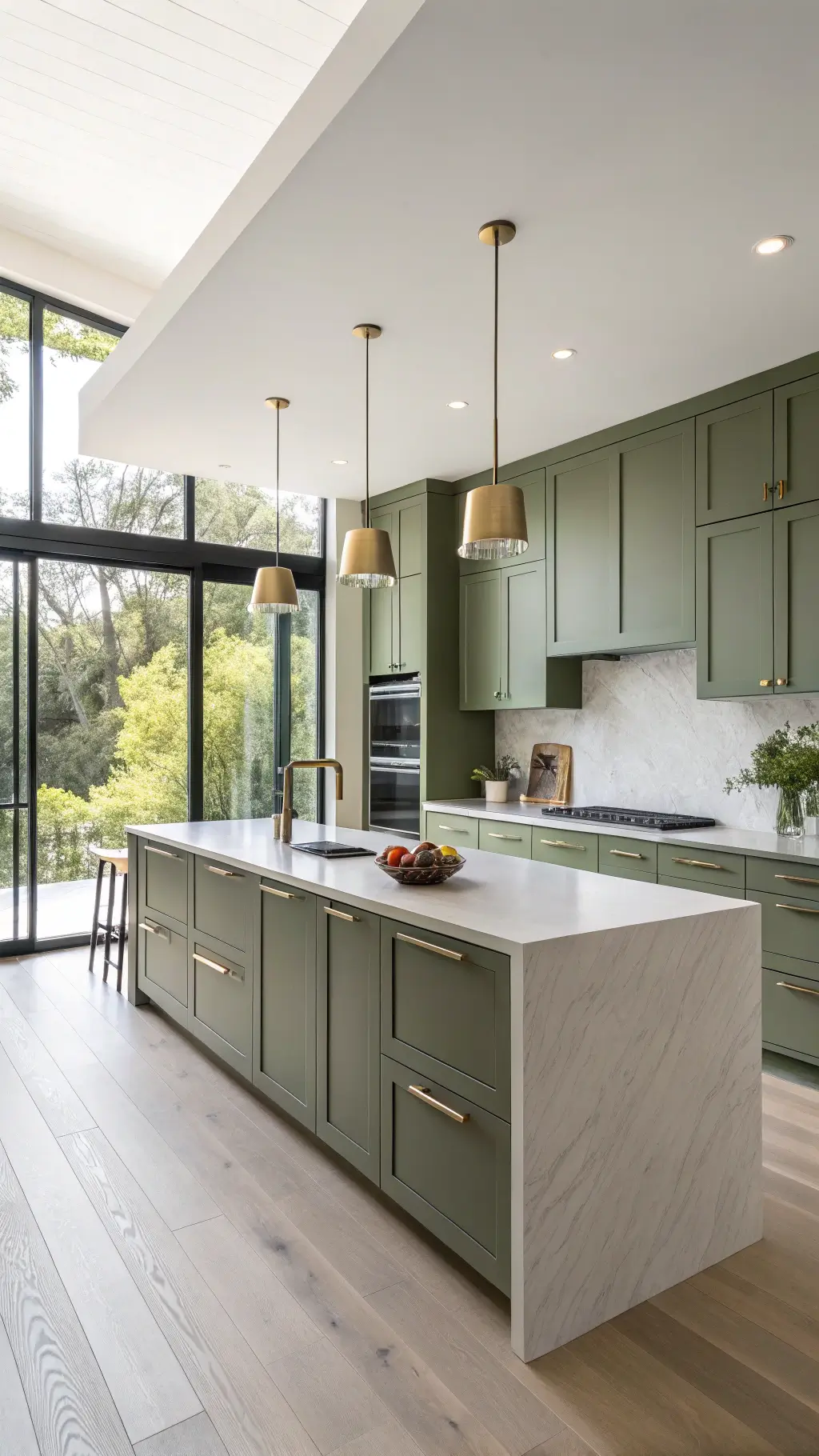 Modern kitchen interior with floor-to-ceiling olive green cabinets, white quartz island, and brushed brass pendant lights, illuminated by early morning light through large windows.