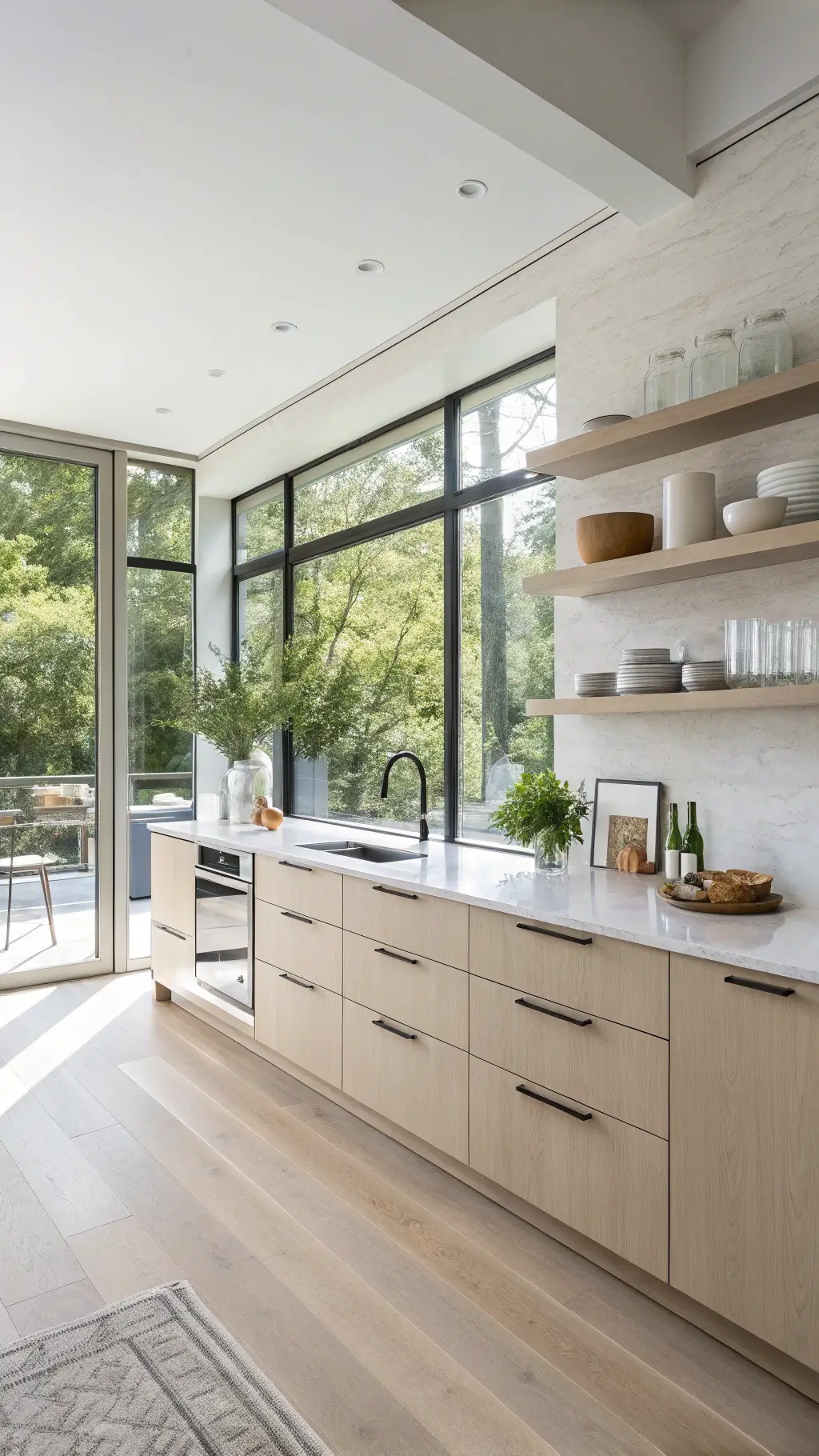 Bright, minimalist Scandinavian 14x16ft kitchen with floor-to-ceiling windows, beige flat-panel cabinets, white quartz countertops, and pale ash open shelving, styled with white ceramics, linen textiles and minimal greenery.