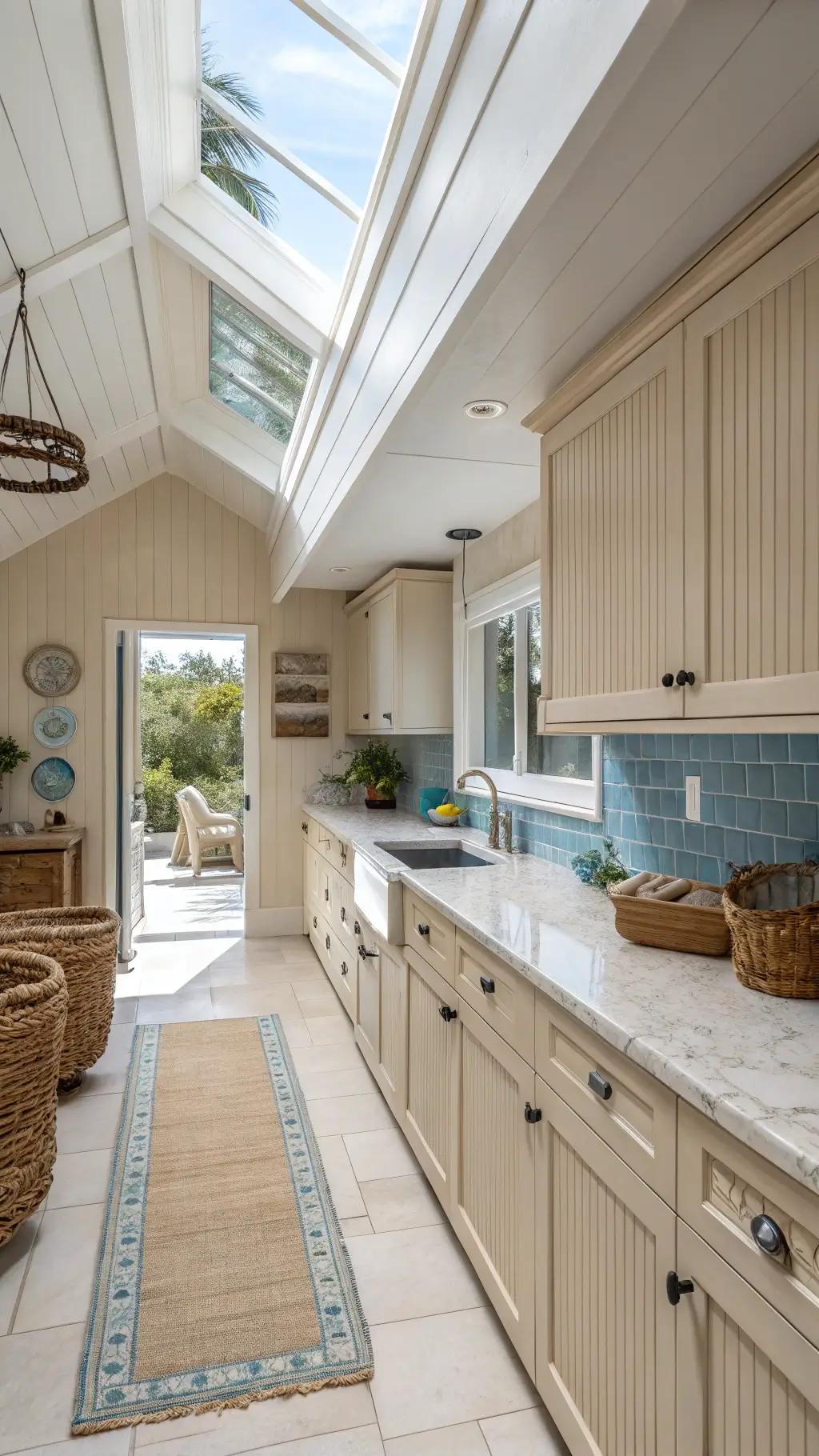 Coastal themed kitchen with beige beadboard cabinets, white marble counters and a blue glass backsplash, enhanced by natural light from above skylight and styled with woven textures and coastal artifacts.