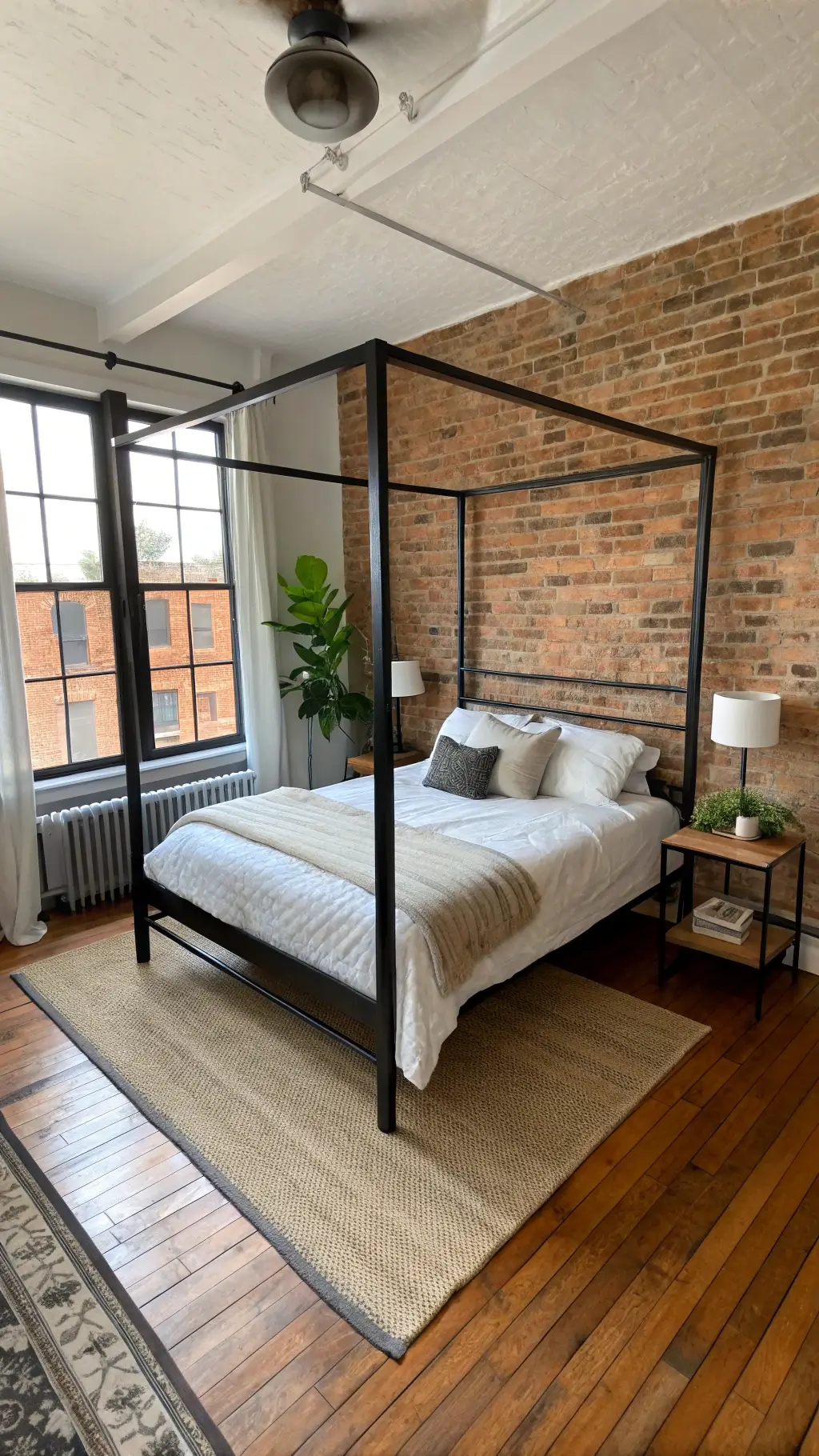 Elevated view of a modern-vintage blended bedroom with black metal canopy bed, antique nightstands, ceramic lamps, fiddle leaf fig plant, restored brick wall, hardwood floors and a large industrial window.