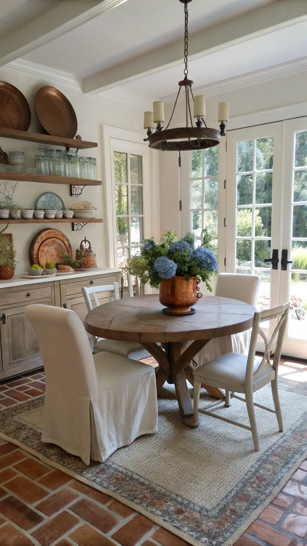 Sunny breakfast dining room with ivory slipcovered chairs around a weathered teak table, terra cotta tiles covered by jute rug, vintage copper pot rack, fresh flowers in mason jars and blue willow china.