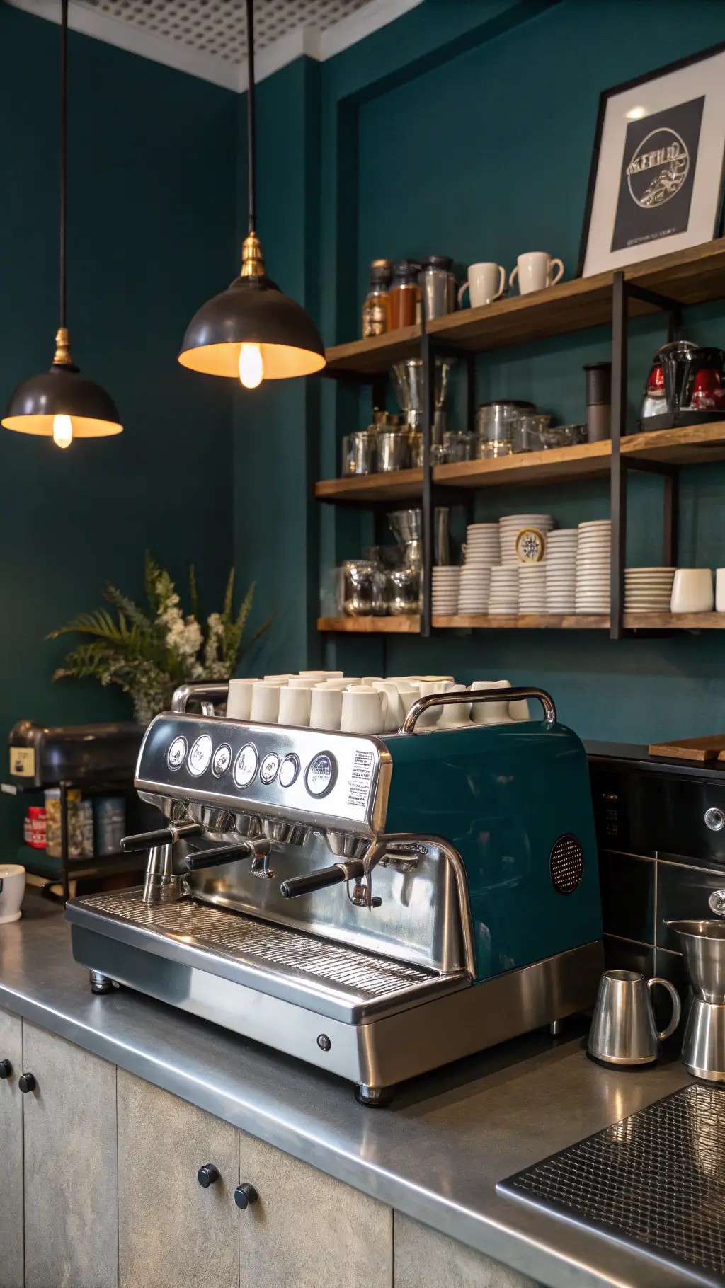 Vintage Faema espresso machine on zinc countertop with Turkish brass coffee pots, vintage coffee tins, and porcelain cups on open shelves against a dark teal wall under warm pendant light.