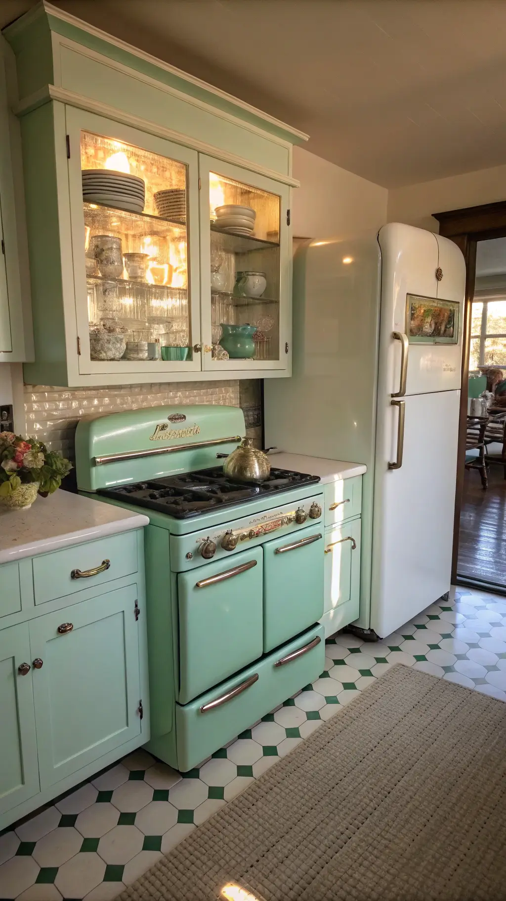 Vintage galley kitchen illuminated by late afternoon light, featuring a 1950s mint green Chambers range, white oak cabinets housing a FireKing jadeite collection, cream and black checkerboard floor, and a retro refrigerator with chrome handle.