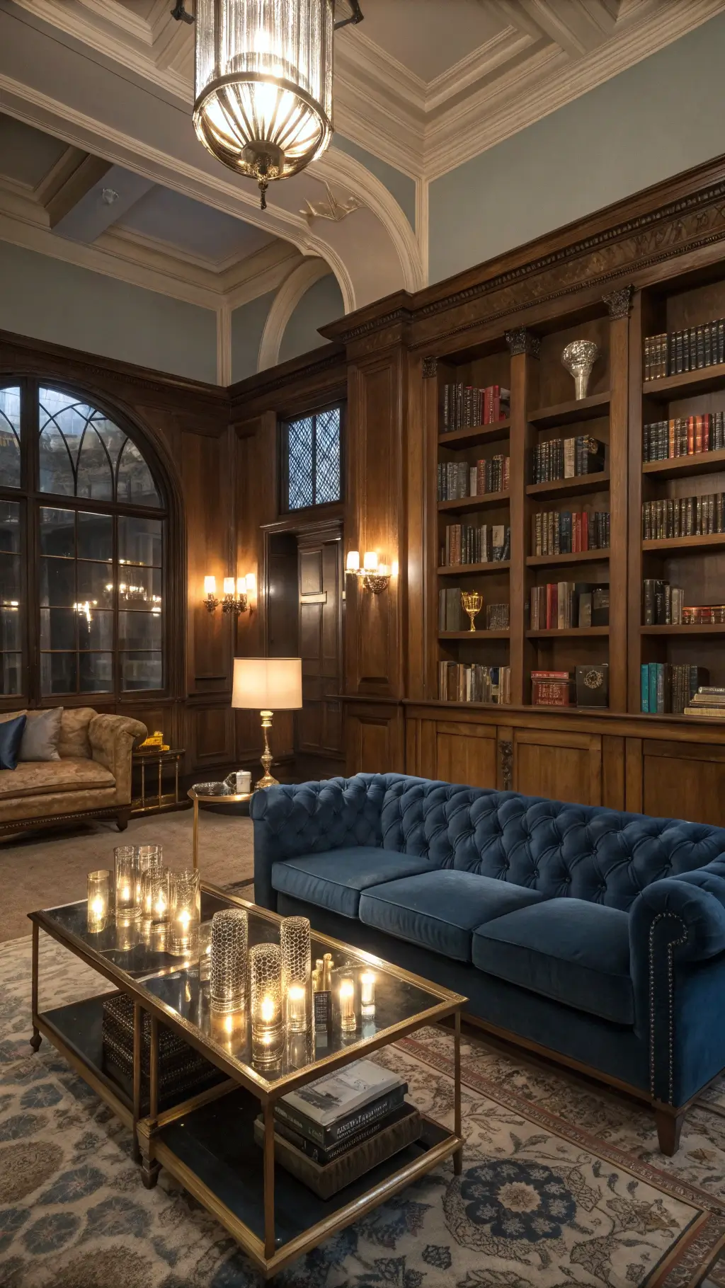 Elegant lounge vignette in a historic mansion’s library, illuminated by dusk lighting from art deco sconces, showcasing a plush midnight blue Chesterfield sofa, modern brass and glass coffee tables, stacks of antique leather-bound books, geometric marble objects, and a contemporary bar cart with crystal decanters sparkling in the ambient light.