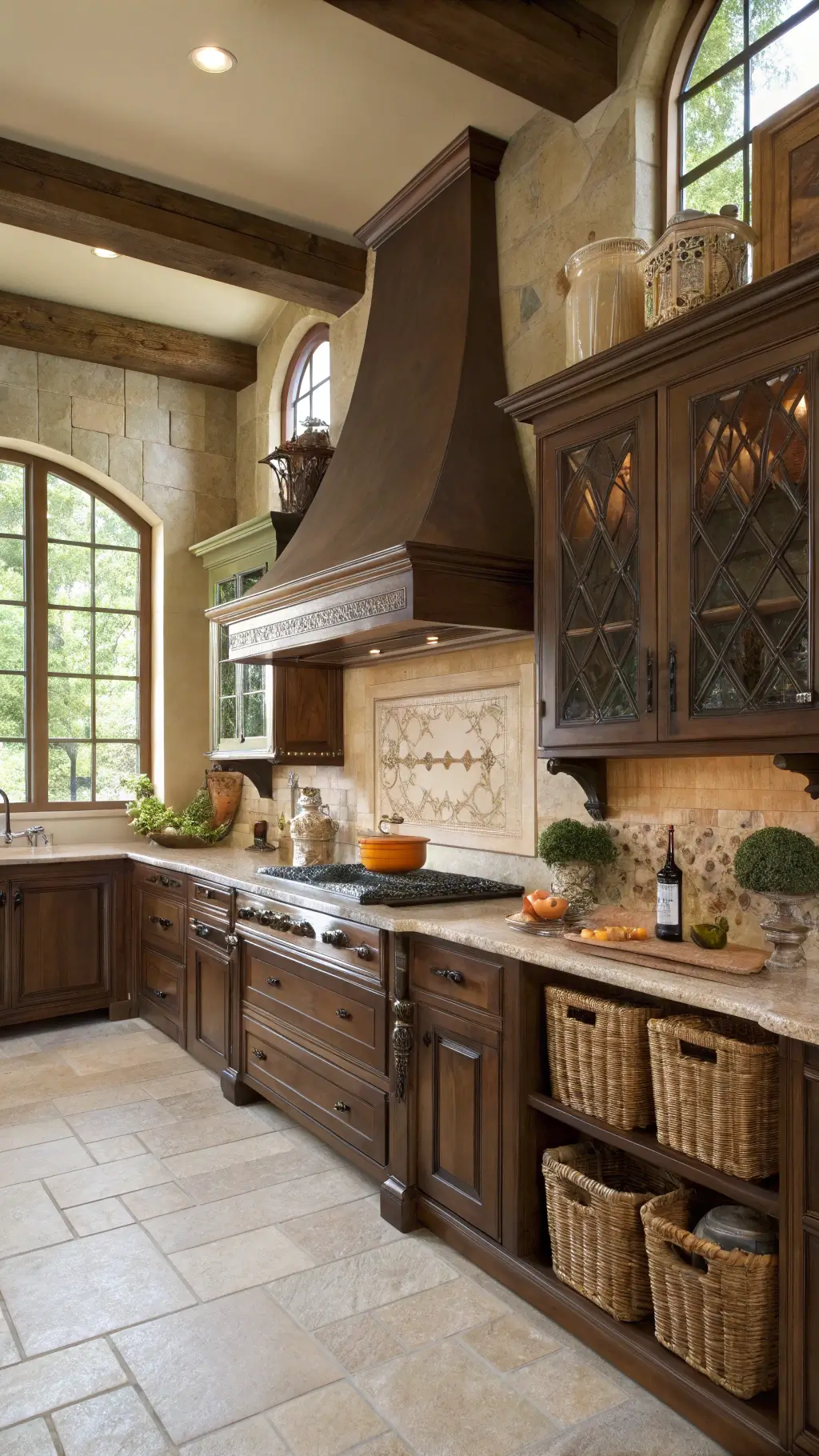 Morning light illuminating a heritage kitchen with espresso-stained cabinets, pewter handles, limestone countertops, a copper range hood, and a handmade tile backsplash, with woven baskets and crocks on upper shelves.