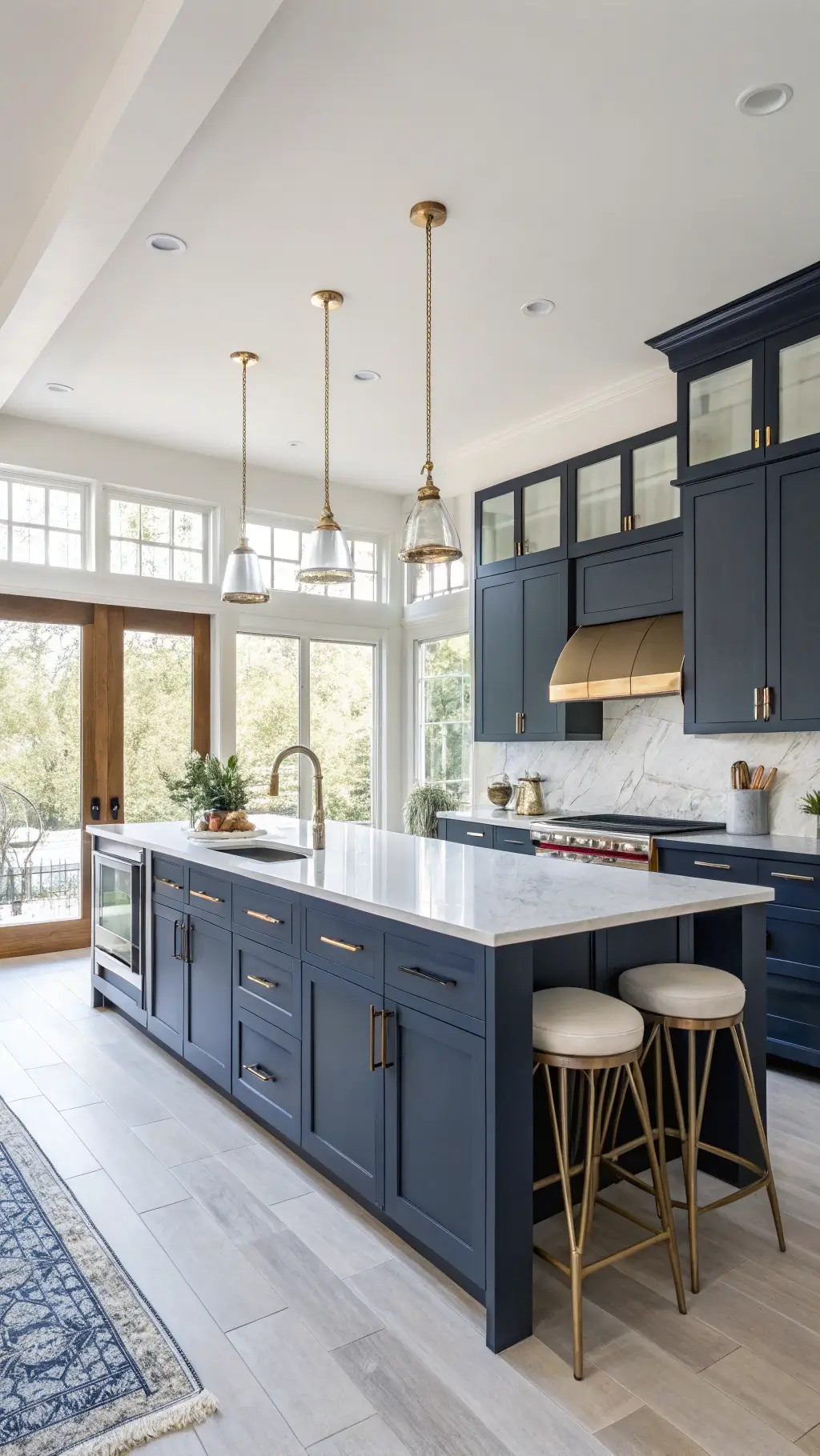 Contemporary kitchen with navy shaker cabinets, white quartz countertops, brass accents, leather barstools at island, and natural lighting from floor-to-ceiling windows, shot from a corner angle.