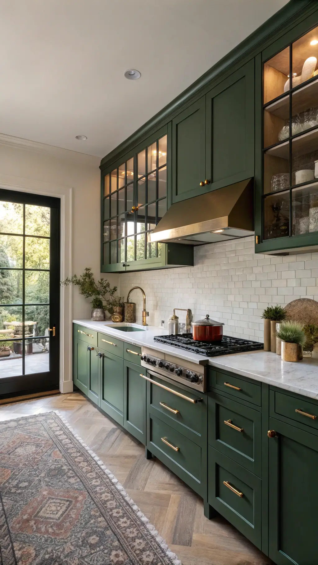 Galley kitchen with glossy forest green cabinets, cream limestone countertops, brass hardware, and copper cookware on open shelves, illuminated by soft golden hour light.