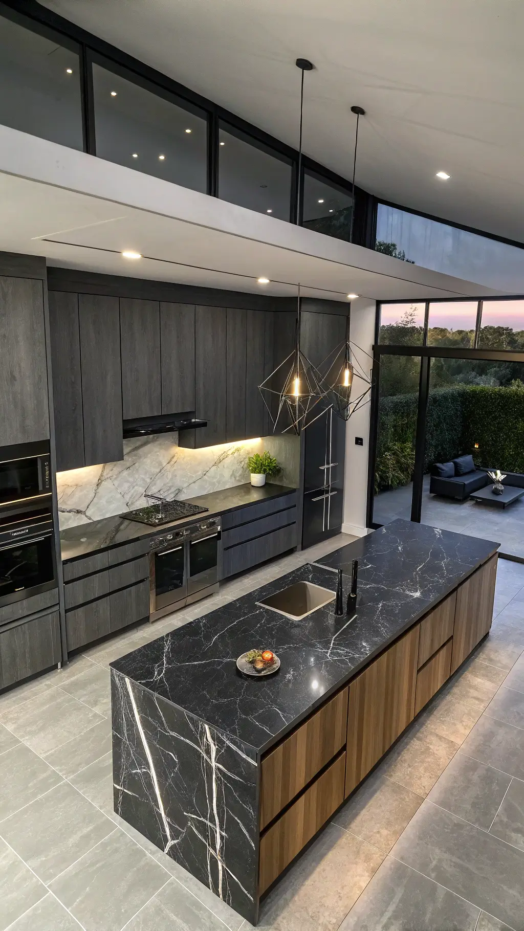 Modern L-shaped kitchen with charcoal gray cabinets, black marble countertops, and contemporary smoky glass pendant lights, photographed from above at dusk.