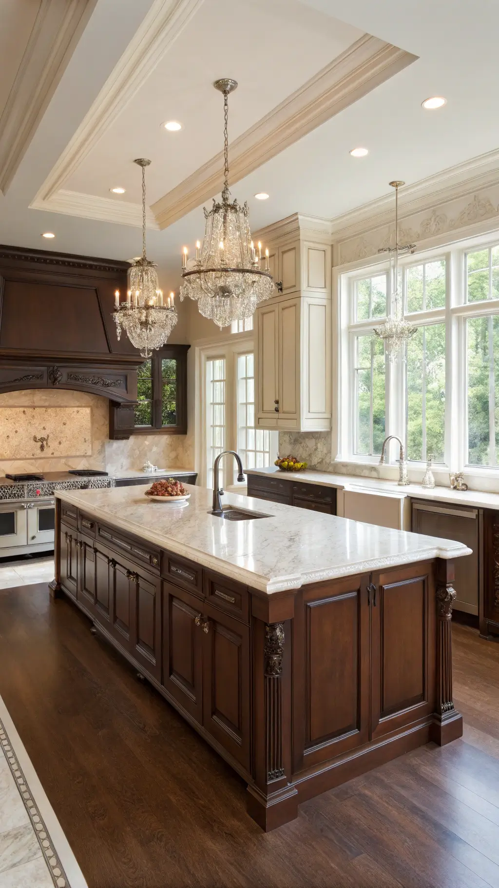 Open concept kitchen with chocolate brown cabinets, creamy marble counters, polished nickel fixtures, and a walnut-topped center island in morning sunlight, illuminated by a crystal chandelier.