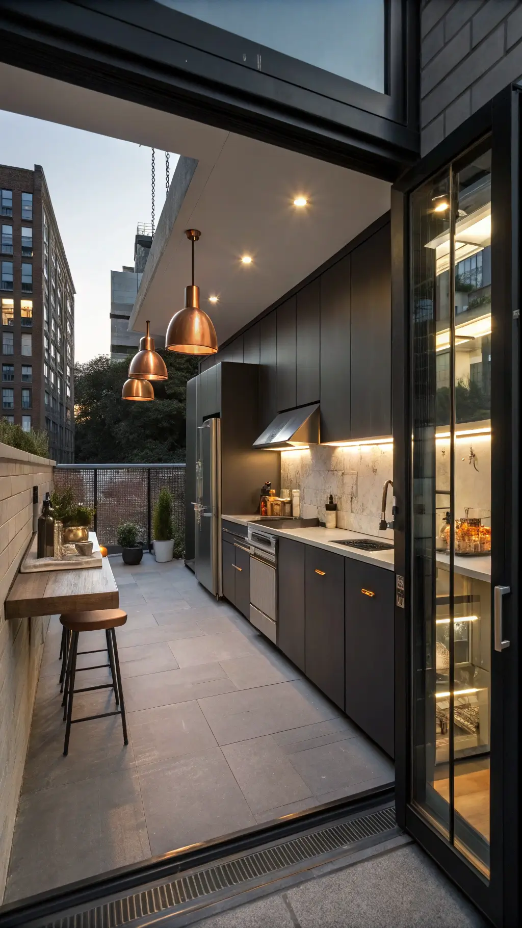 Urban kitchen with matte black cabinets, stainless steel countertops, copper pendant lights at twilight, emphasizing intimate scale and contrasting textures.